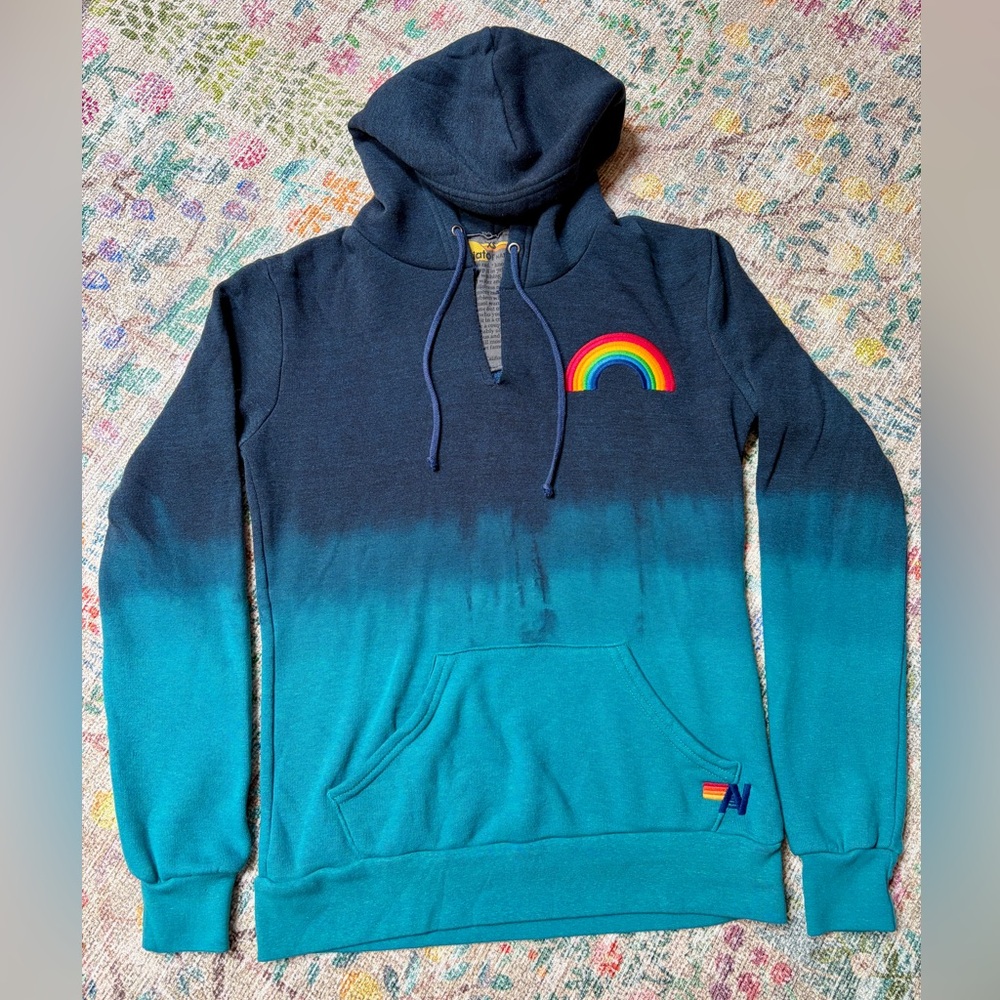Aviator Nation Rainbow Navy-to-Teal Ombre Pullover Hoodie NEW